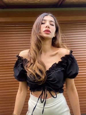 Siyah Drapeli Balon Kol Crop