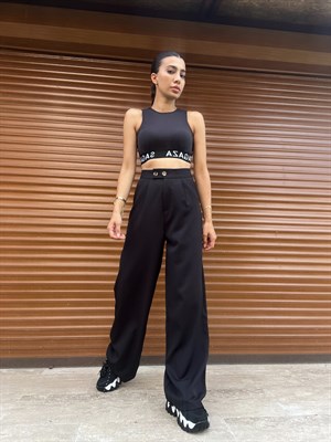 Siyah Düğme Detaylı Palazzo Pantolon