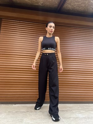 Siyah Düğme Detaylı Palazzo Pantolon