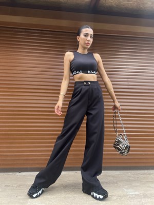 Siyah Düğme Detaylı Palazzo Pantolon