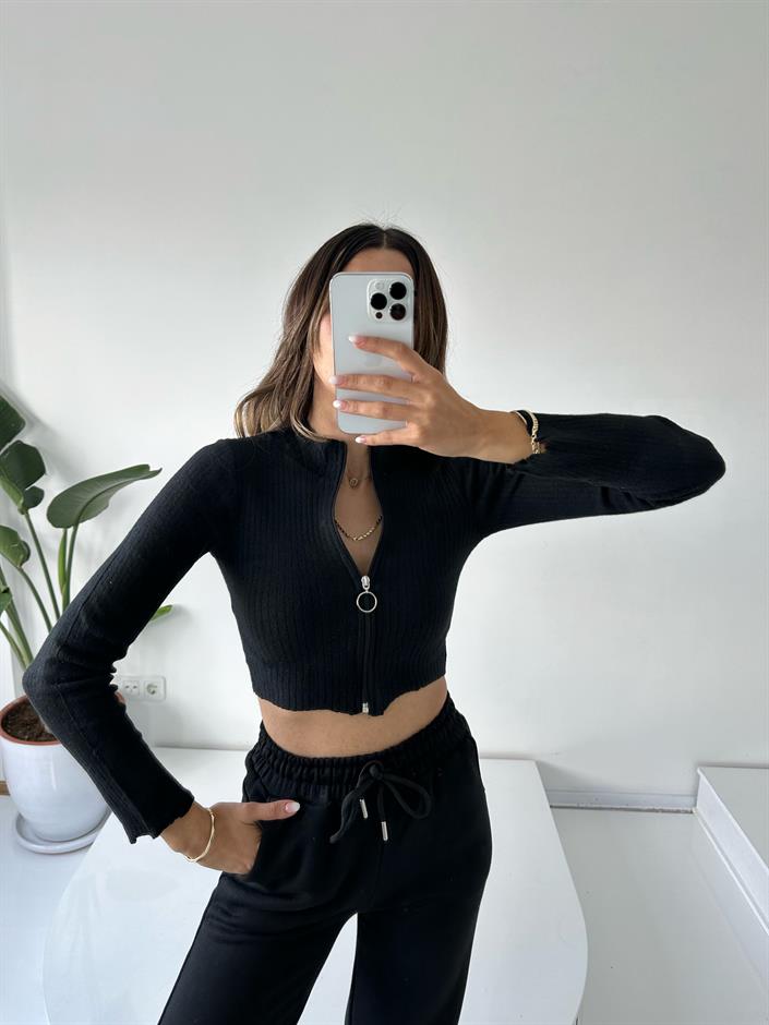 Siyah Fermuarlı Yumuşak Fitilli Crop