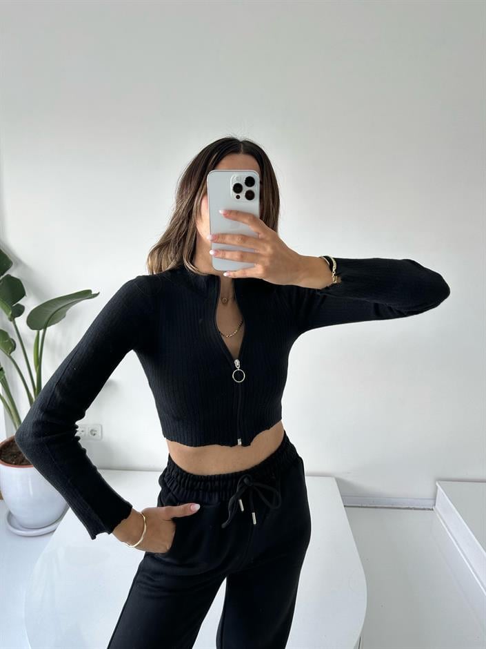 Siyah Fermuarlı Yumuşak Fitilli Crop