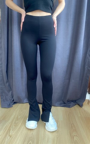 Siyah İspanyol Paça Yırtmaç Detaylı Tayt