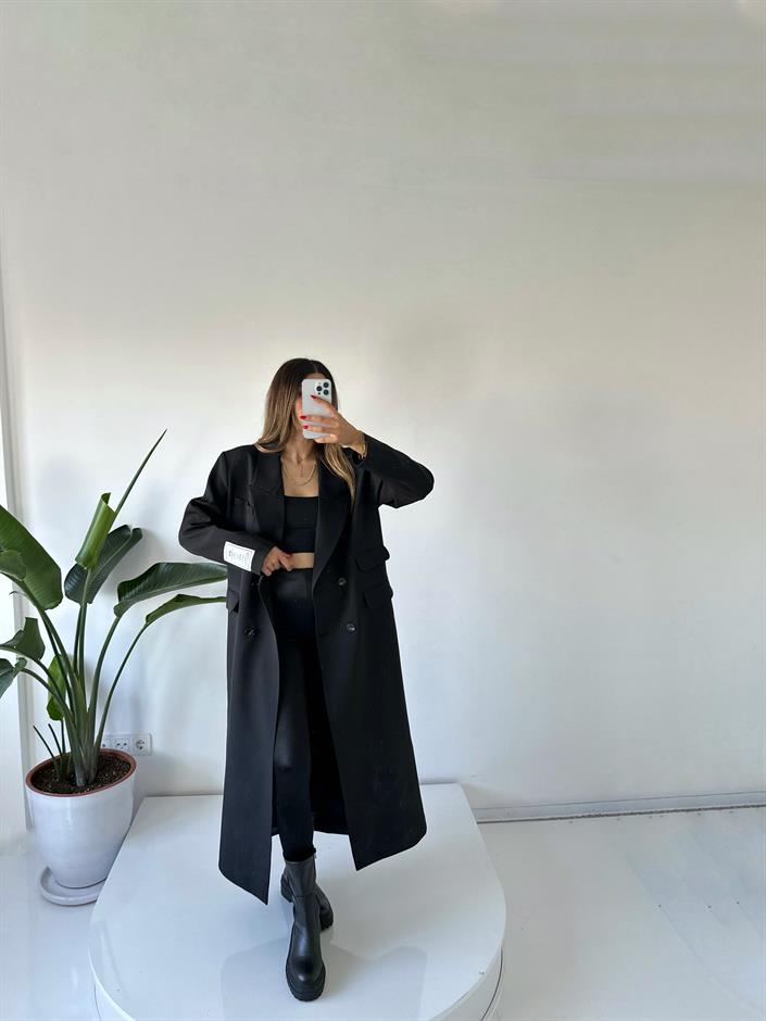 Siyah Kol Detaylı Premium Trençkot