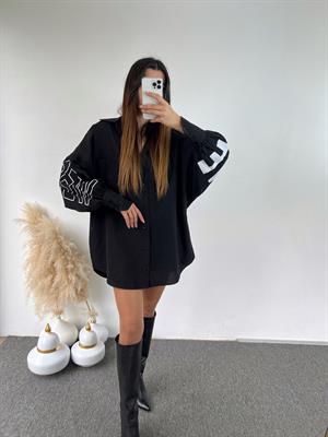 Siyah Oversize Baskılı Gömlek 