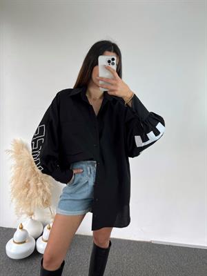 Siyah Oversize Baskılı Gömlek 