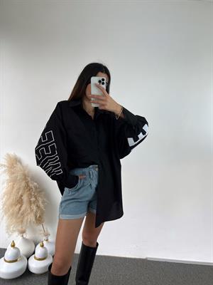 Siyah Oversize Baskılı Gömlek 