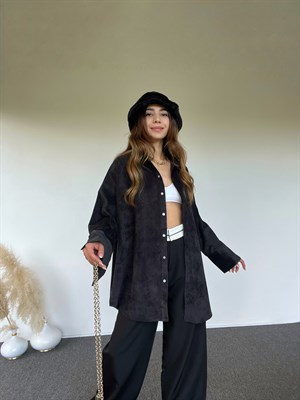 Siyah Oversize Kadife Gömlek 