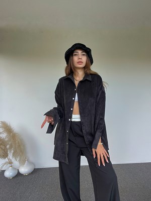 Siyah Oversize Kadife Gömlek 