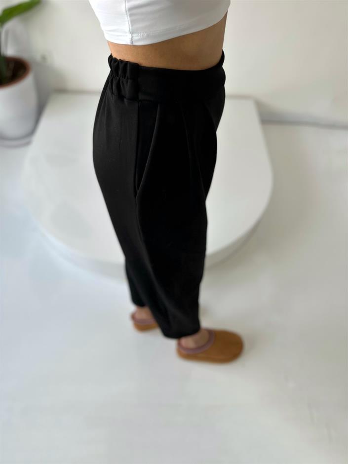 Lai Siyah Oysh Kumaş Beli Lastikli Harem Pantolon