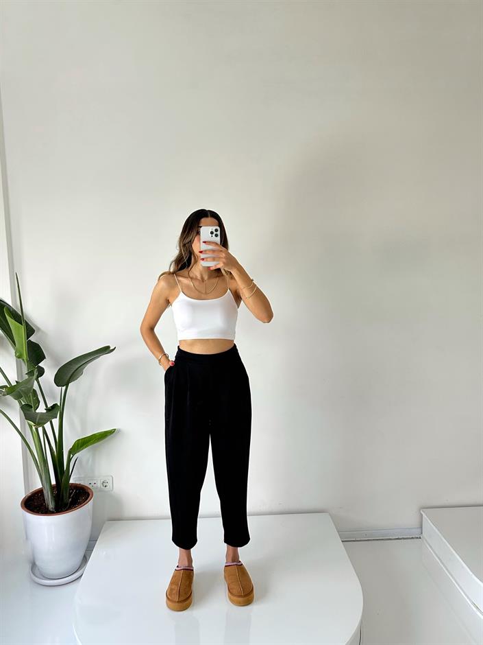 Lai Siyah Oysh Kumaş Beli Lastikli Harem Pantolon