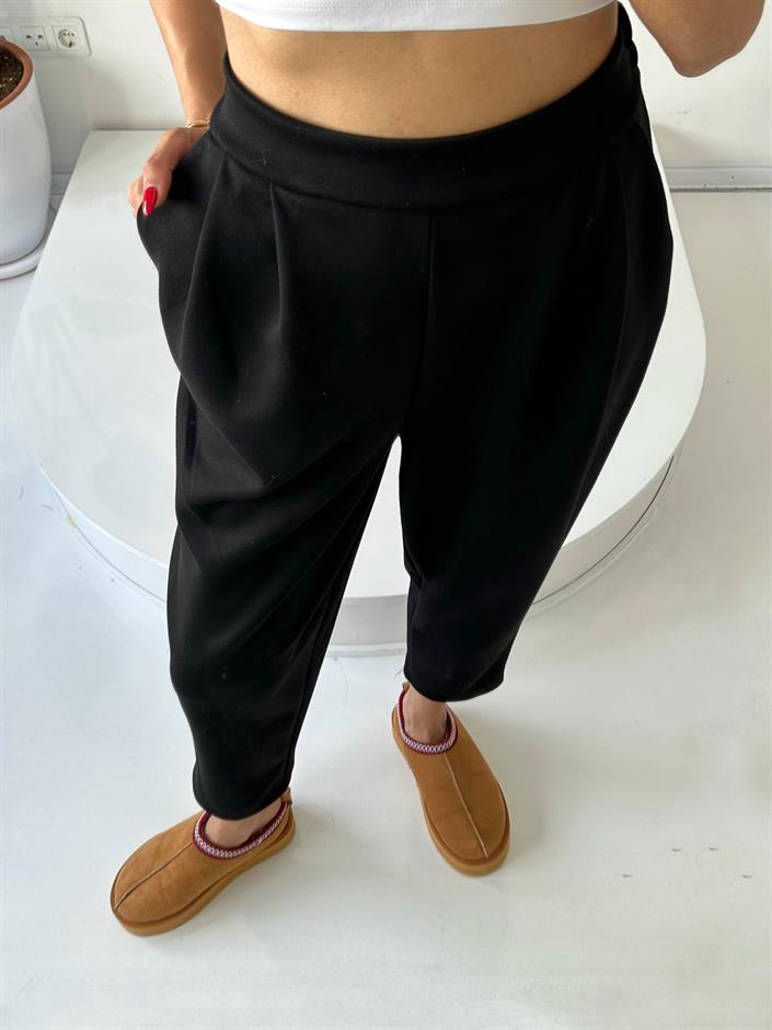 Lai Siyah Oysh Kumaş Beli Lastikli Harem Pantolon
