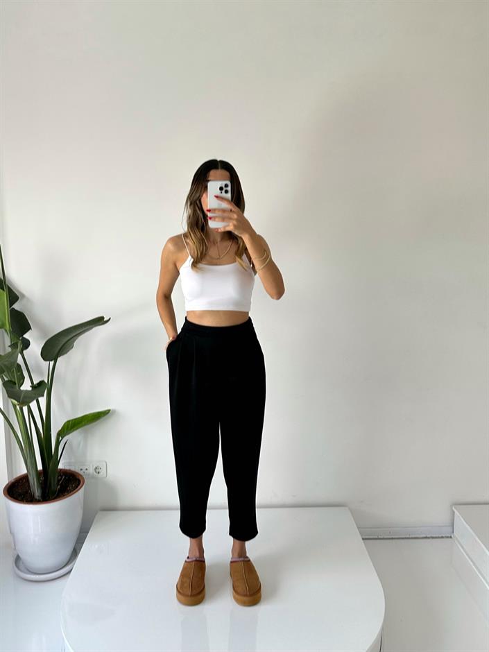 Lai Siyah Oysh Kumaş Beli Lastikli Harem Pantolon