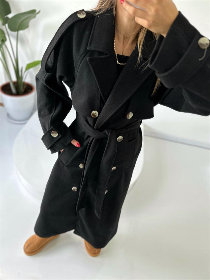 Siyah Premium Astarlı Düğmeli Uzun Kaban 