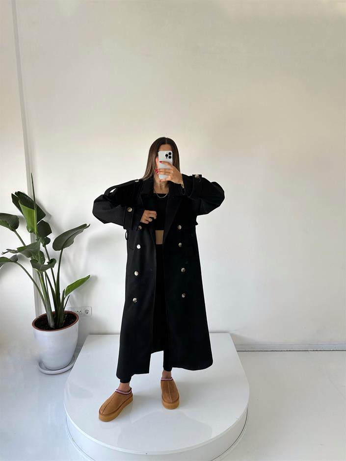 Siyah Premium Astarlı Düğmeli Uzun Kaban 