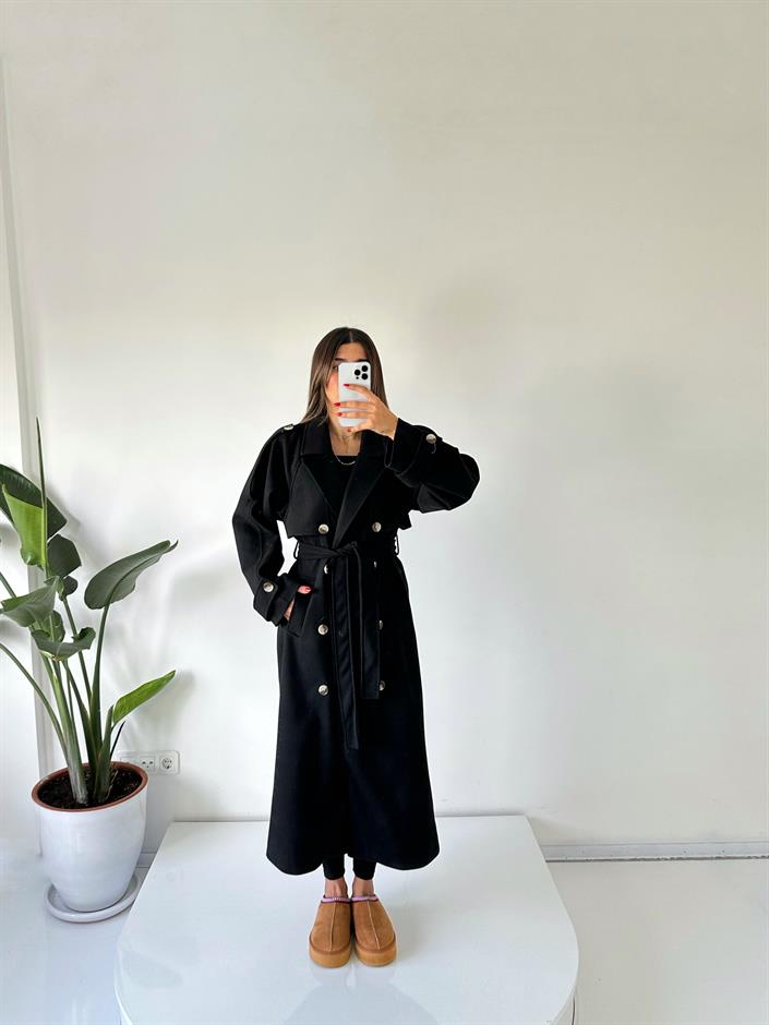 Siyah Premium Astarlı Düğmeli Uzun Kaban 