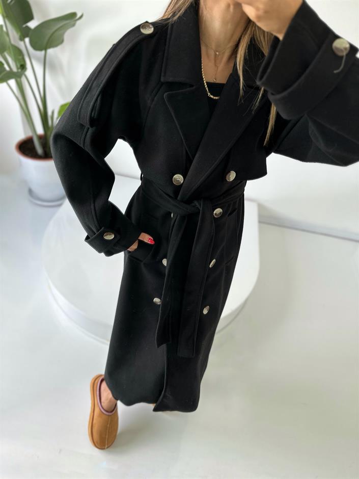 Siyah Premium Astarlı Düğmeli Uzun Kaban 