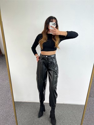 Siyah Şalvar Kesim Yüksek Bel Deri Pantolon
