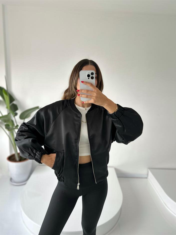 Siyah Saten Bomber Ceket