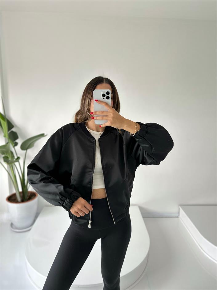Siyah Saten Bomber Ceket