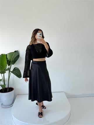Siyah Saten Midi Etek