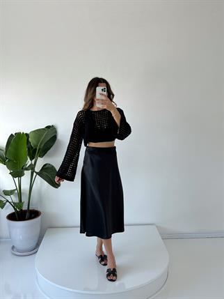 Siyah Saten Midi Etek