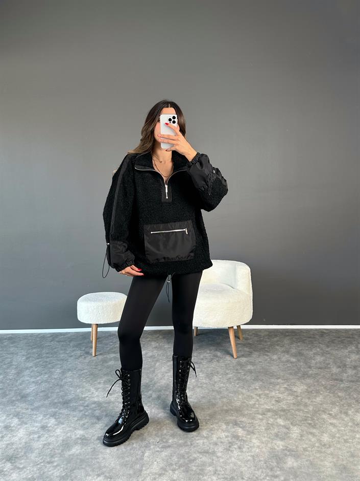 Siyah Tasarım Peluş Sweatshirt