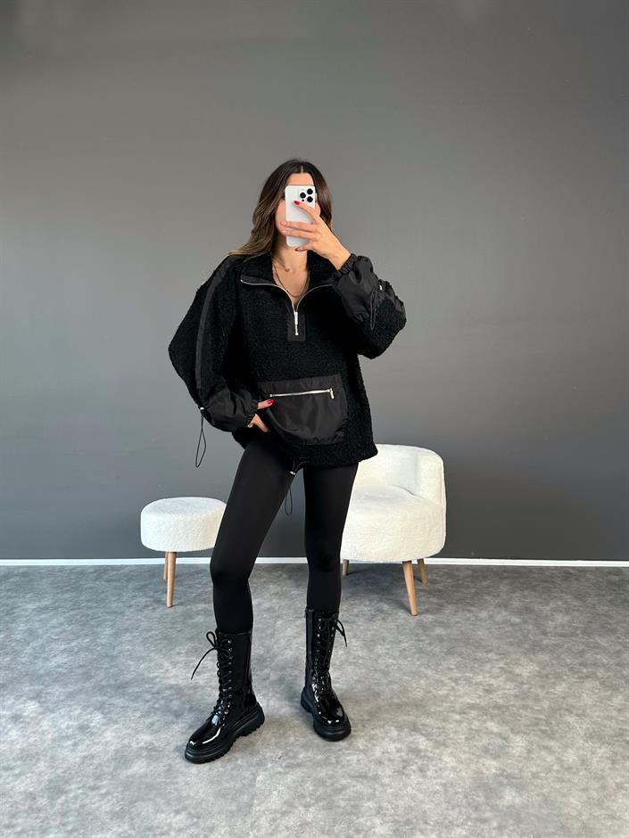 Siyah Tasarım Peluş Sweatshirt