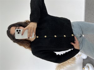 Siyah Teddy Gold Düğme Hırka