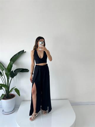 Siyah Tin Keten Yırtmaçlı Bağlamalı Pantolon