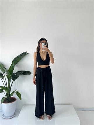 Siyah Tin Keten Yırtmaçlı Bağlamalı Pantolon