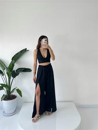 Siyah Tin Keten Yırtmaçlı Bağlamalı Pantolon