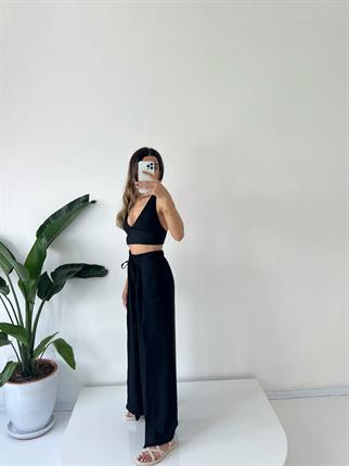 Siyah Tin Keten Yırtmaçlı Bağlamalı Pantolon