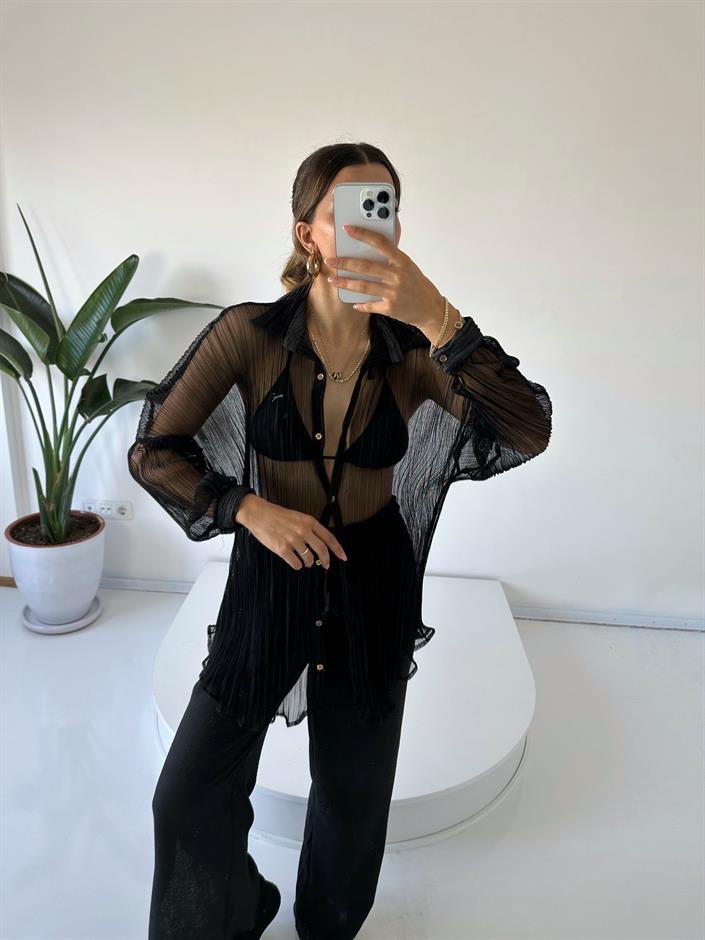 Siyah Tül Oversize Gömlek 