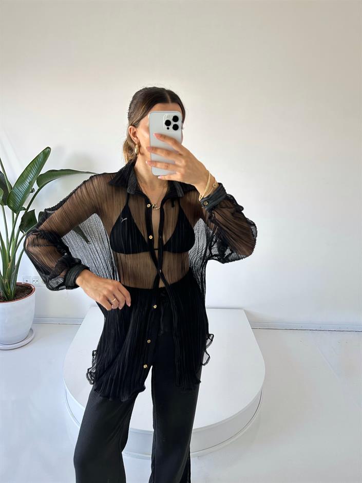 Siyah Tül Oversize Gömlek 