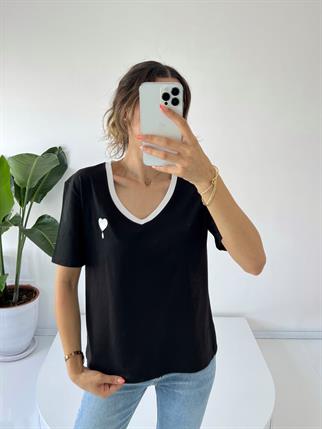 Siyah  V yaka Kalpli Tshirt
