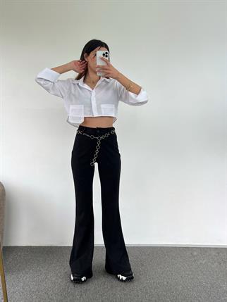 Siyah Zincir Detaylı İspanyol Pantolon 