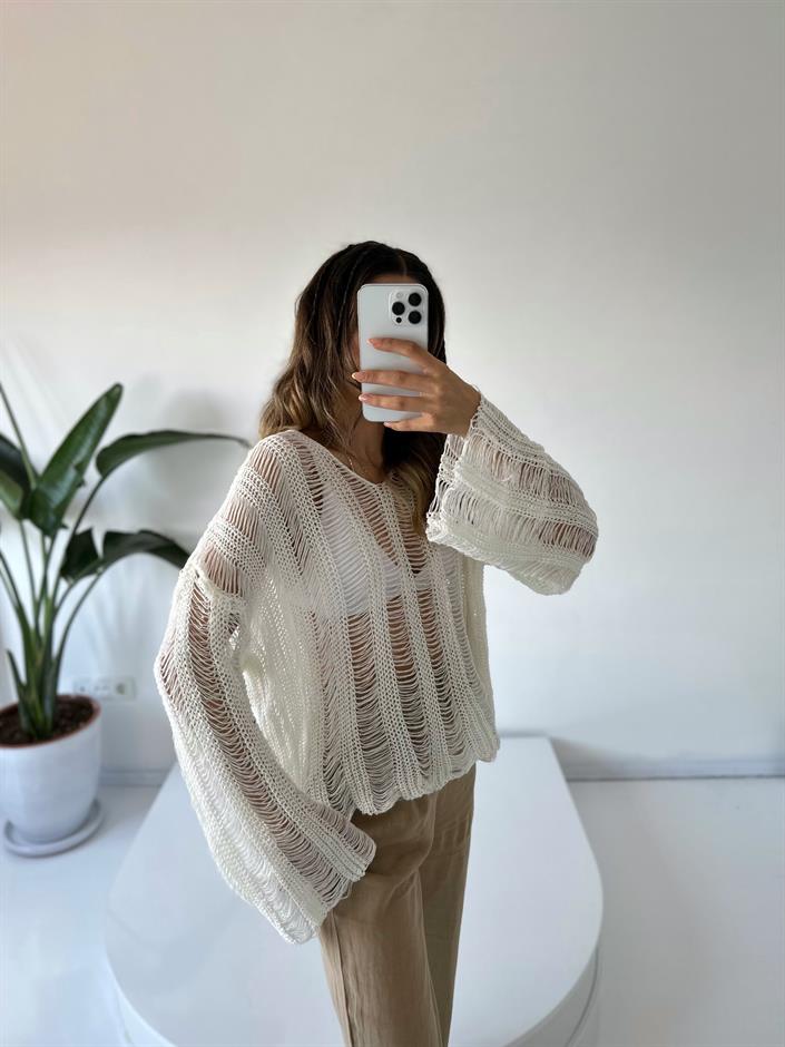 Sofia Beyaz Ajurlu Triko