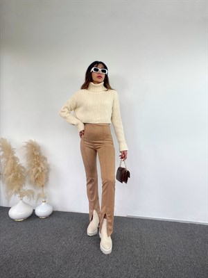 Süet Sütlü Kahve Yırtmaçlı Pantolon 