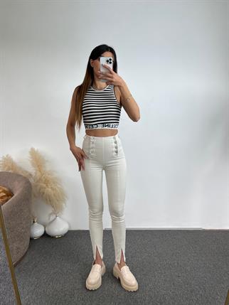 Süper Yüksek Bel Kırık Beyaz Düğme Detaylı Jean