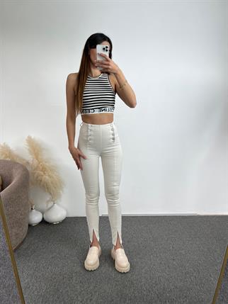 Süper Yüksek Bel Kırık Beyaz Düğme Detaylı Jean