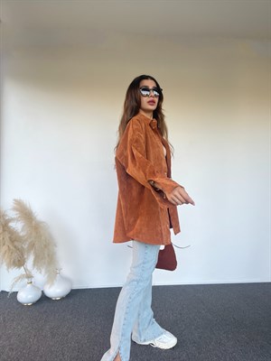 Taba Oversize Kadife Gömlek 