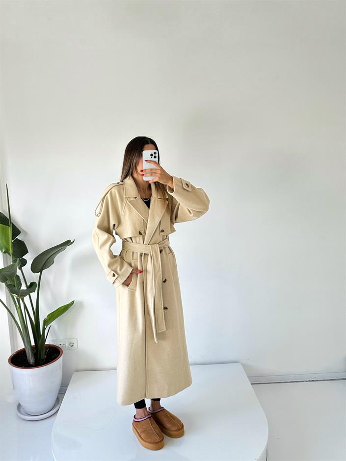 Taş Premium Astarlı Düğmeli Uzun Kaban