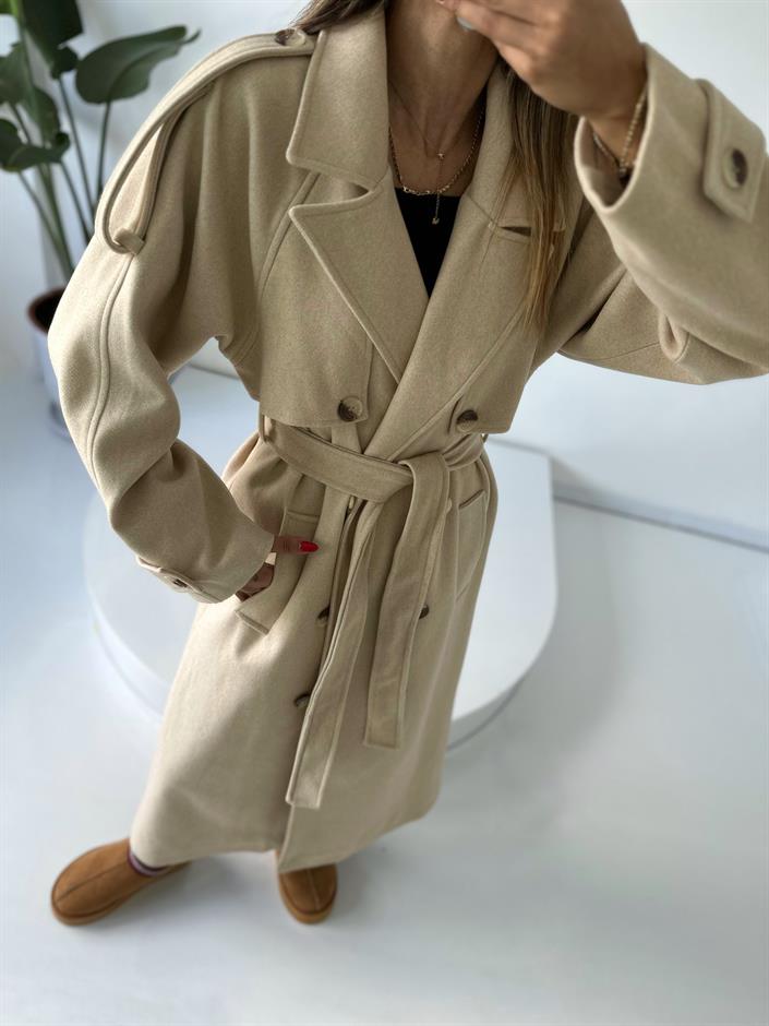 Taş Premium Astarlı Düğmeli Uzun Kaban