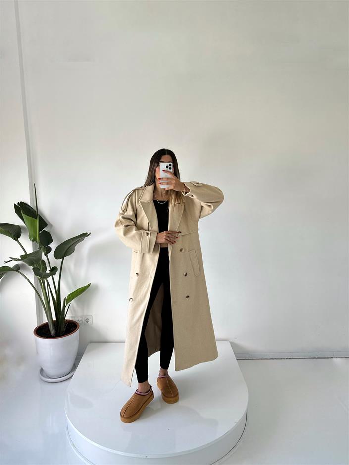 Taş Premium Astarlı Düğmeli Uzun Kaban