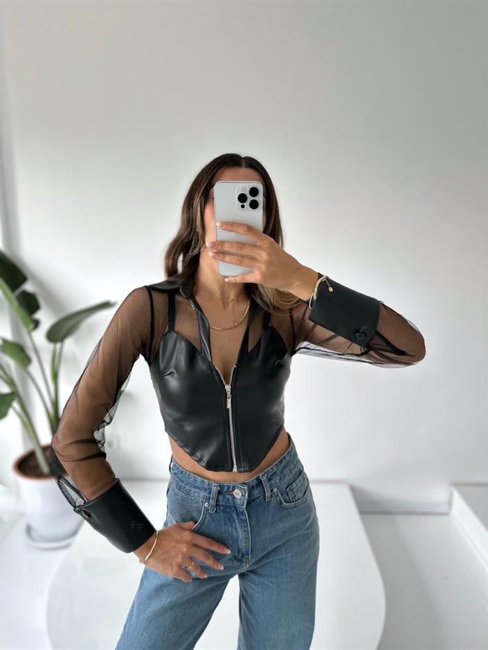 كروب بتصميم من التول والجلد مع سحاب 