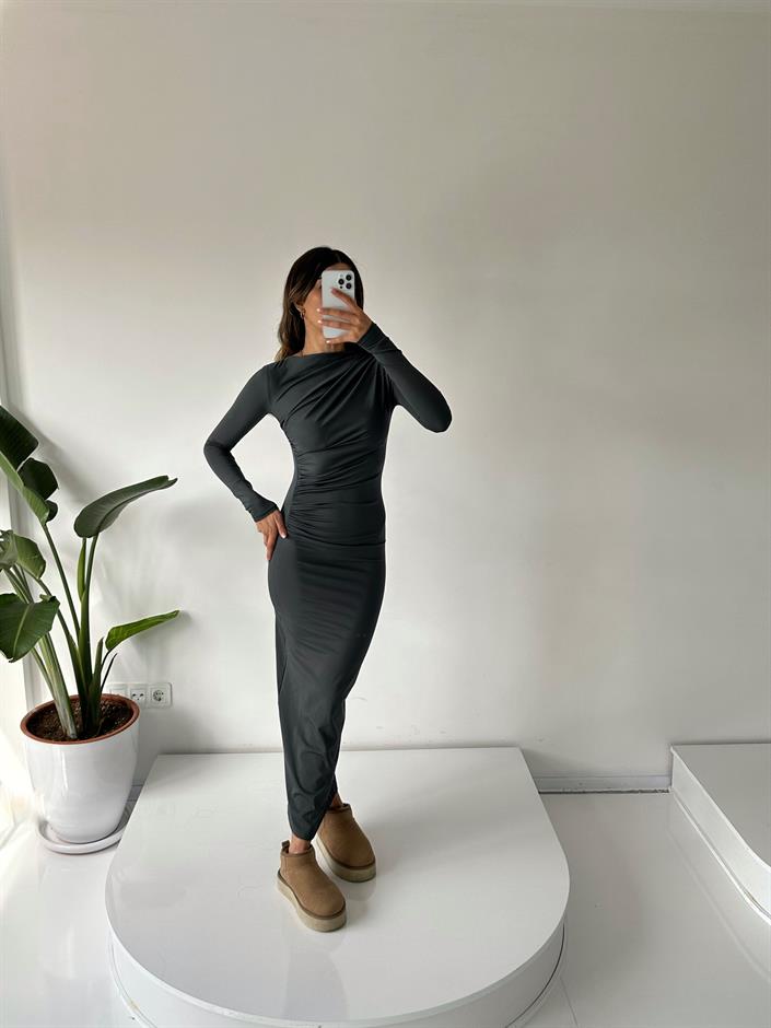 Tokyo Antrasit Gri Drapeli Maxi Elbise