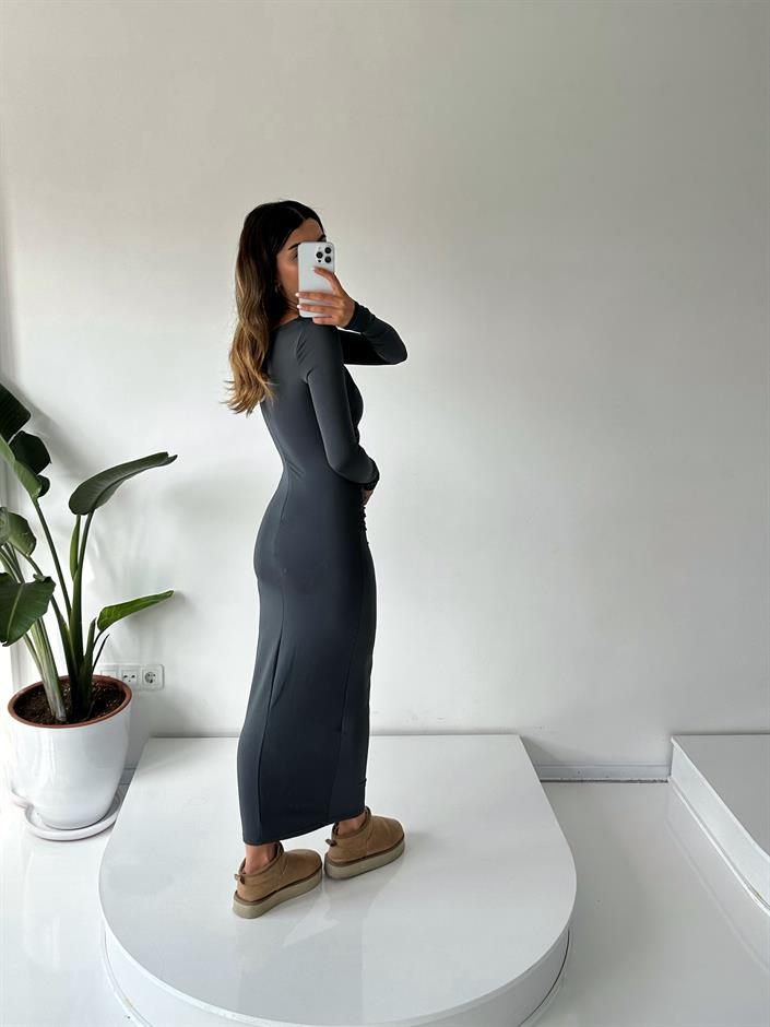 Tokyo Antrasit Gri Drapeli Maxi Elbise