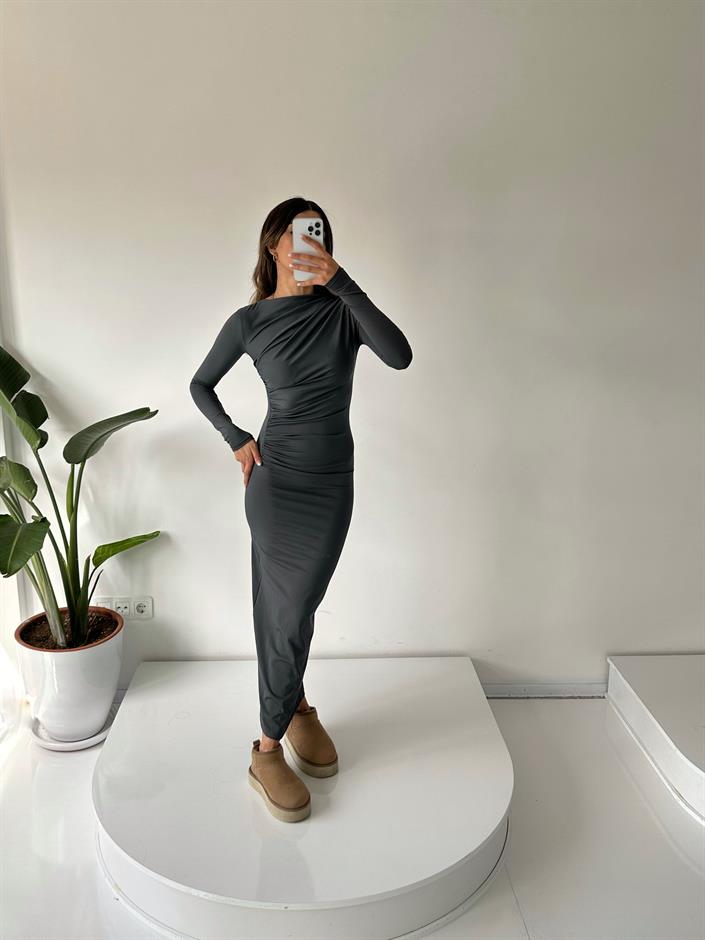 Tokyo Antrasit Gri Drapeli Maxi Elbise