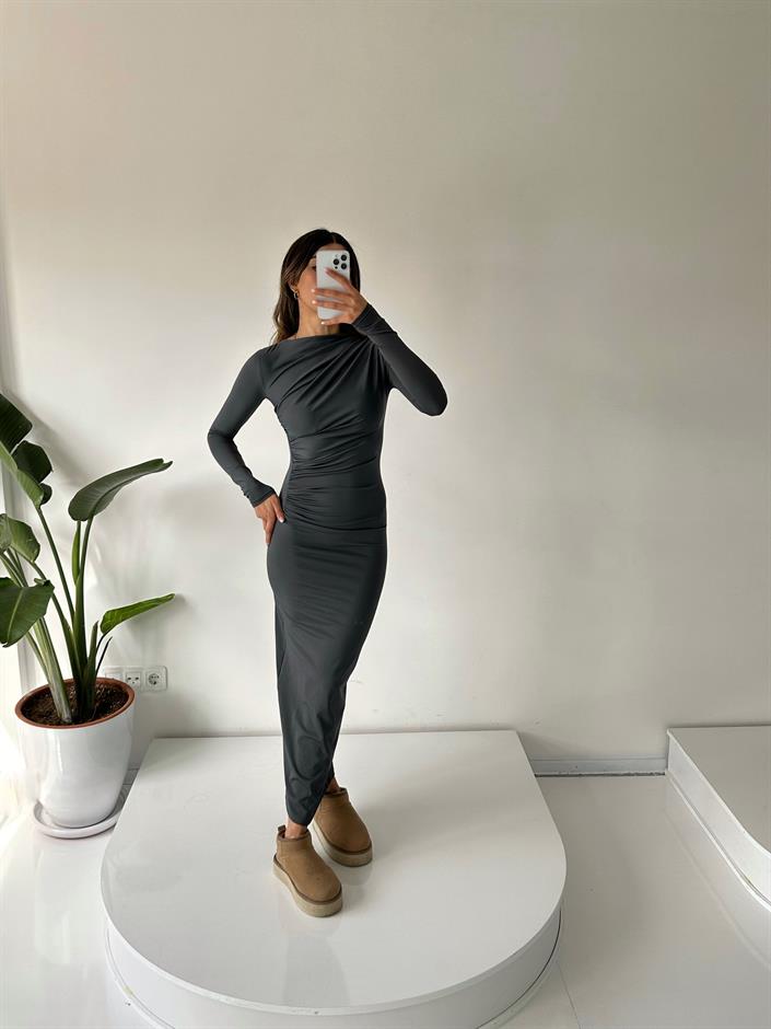 Tokyo Antrasit Gri Drapeli Maxi Elbise